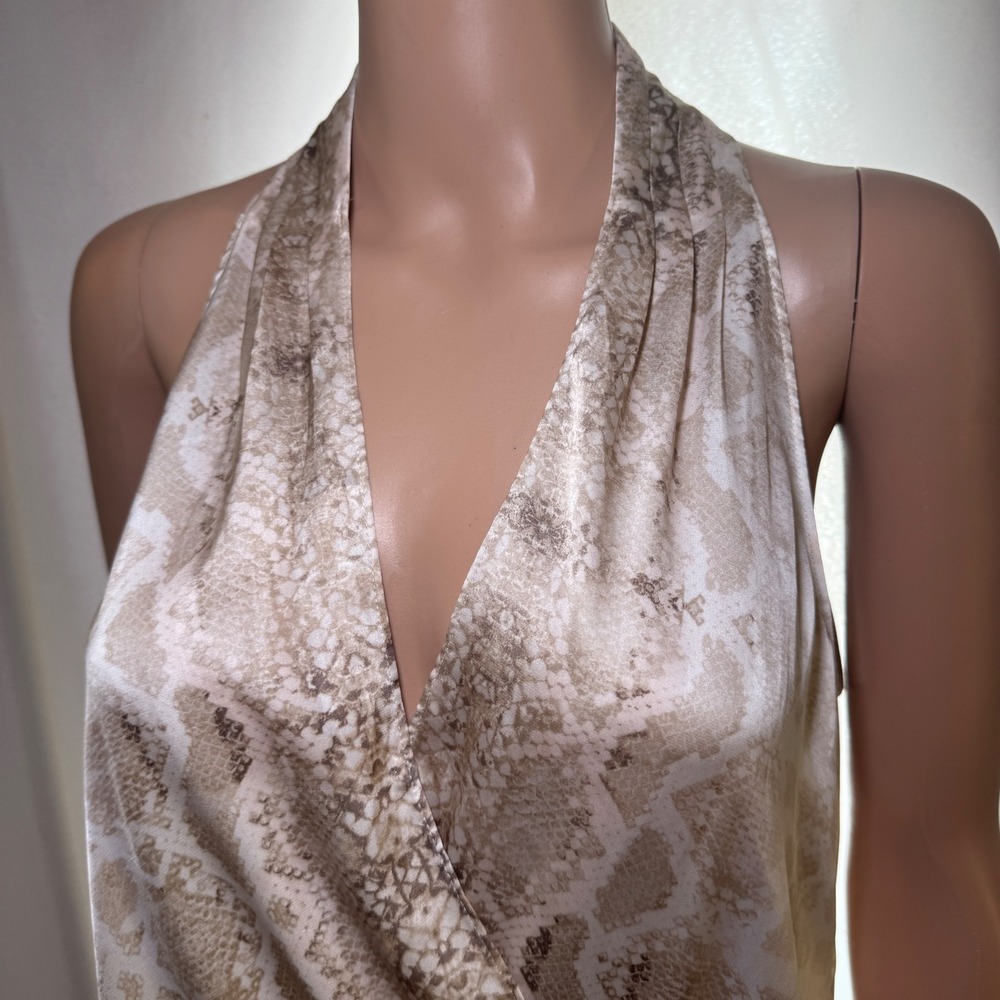 White House Black Market Snakeskin Halter Top Beige Surplice Smocked Blouse WHBM - Picture 4 of 10